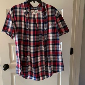 Large Red, White, and Blue Plaid Button Down Shirt